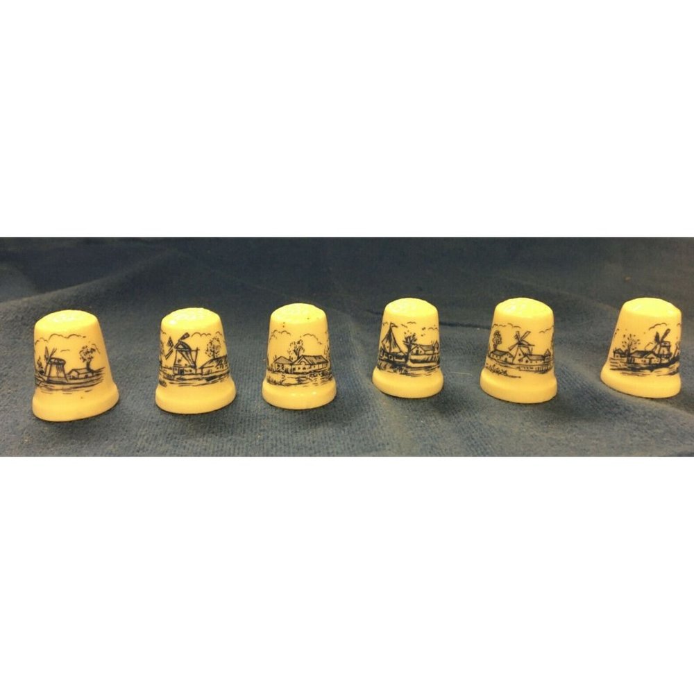Thimbles Porelain Set of 6  Painted with Windmills and Farm Scenes in Blue